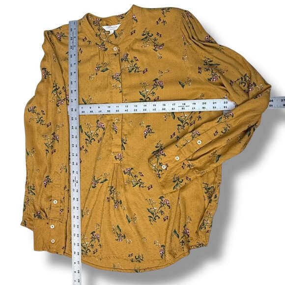 Lucky Brand Blouse Womens Sz L Yellow Floral Manderine Collar1/2 Button LS - Picture 7 of 12